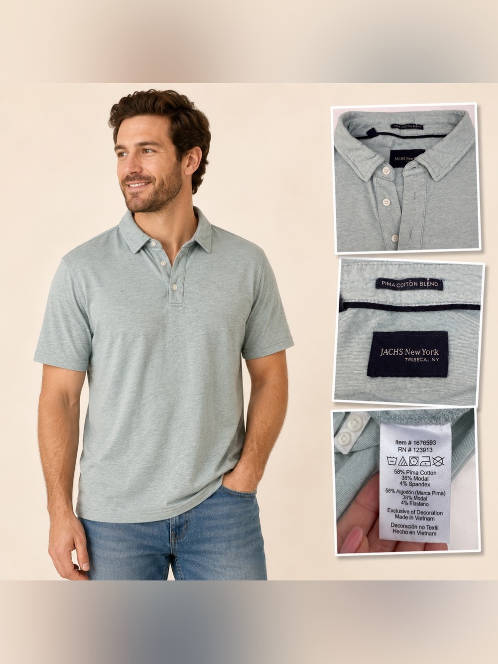Jachs New York Men’s L Sage Pima Cotton Blend Stretch Polo